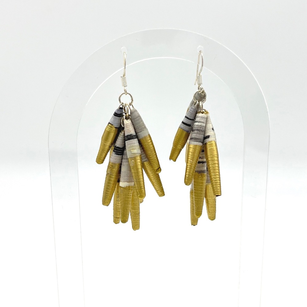 Handmade Paper Bead Cluster Dangle Earrings Gold Grey Boho‎ Statement Jewelry